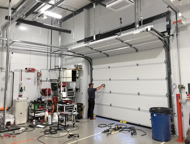 Beaumont Garage Door Repair certified technician performing commercial door repair at a Beaumont business facility