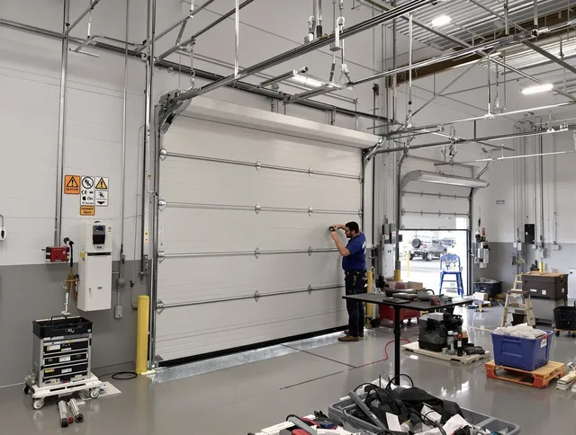 Commercial garage door repair being performed by Beaumont Garage Door Repair expert in Beaumont