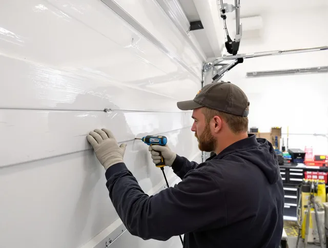 Beaumont Garage Door Repair technician demonstrating precision dent removal techniques on a Beaumont garage door
