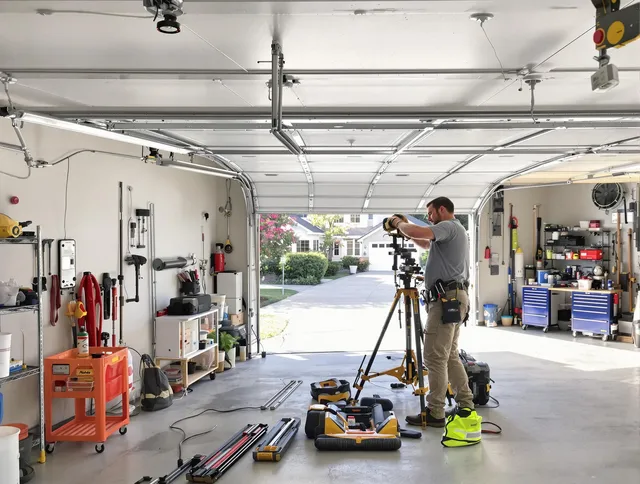 Beaumont Garage Door Repair specialist performing laser-guided track alignment in Beaumont